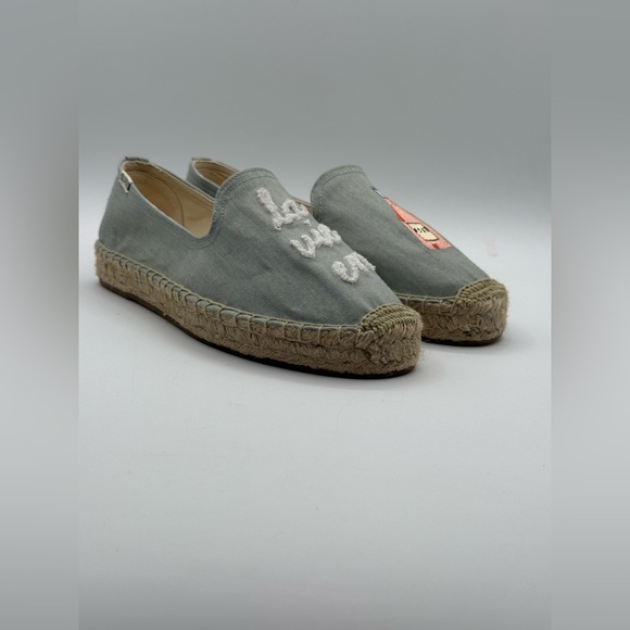 Soludos La Vie En Rosé Embroidered Espadrille Flats Blue Canvas Slip-On Shoes - Picture 4 of 16